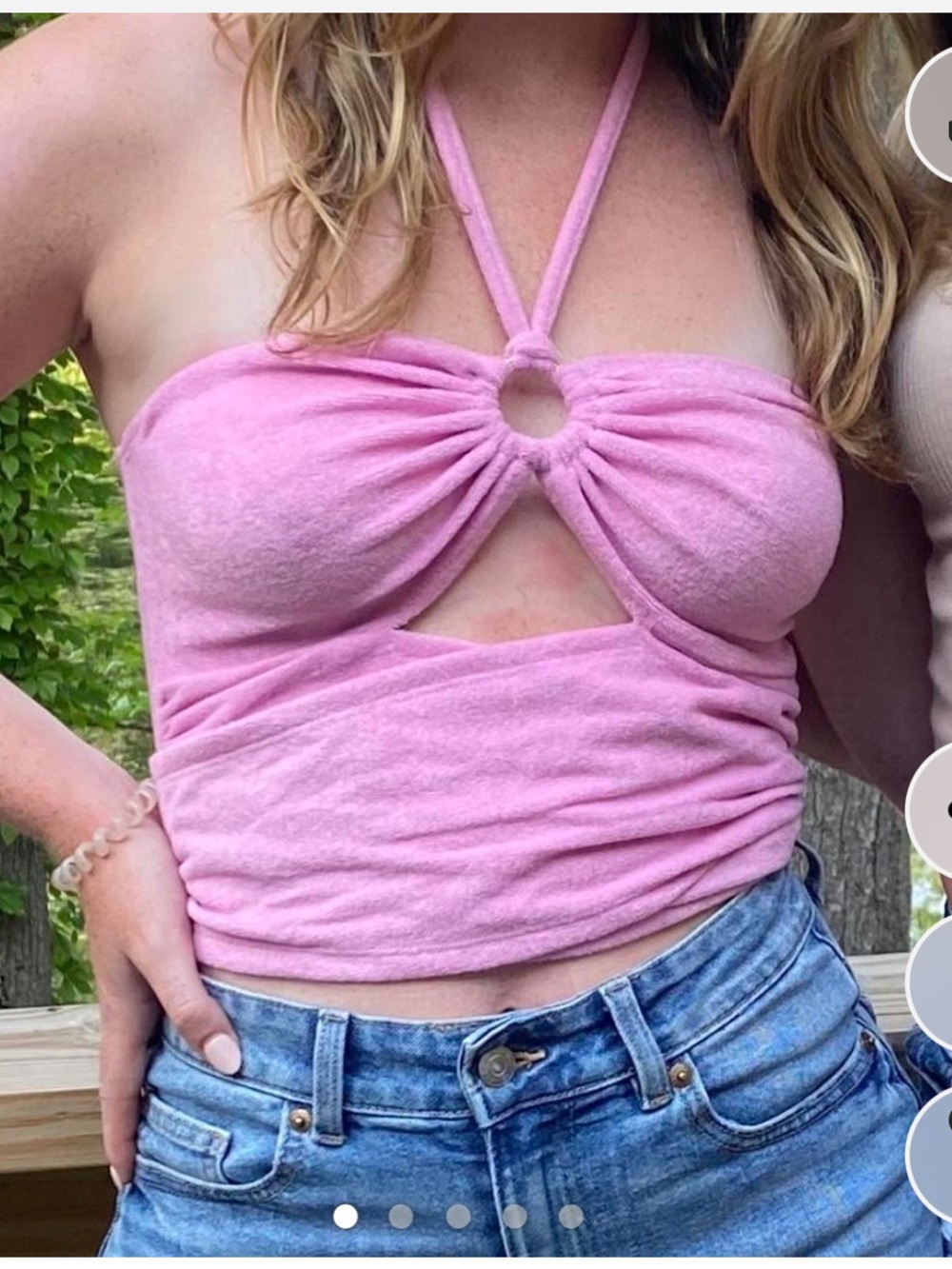 SHEIN Pink Halter Tie-Front Terry Cloth Crop Top